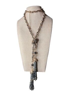 Gold and Gunmetal Beaded Tassel Lariat Necklace